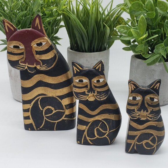 LAUREL Burch Trio Cat Hand Painted Black Gold Wooden Folk Art Figurines - Picture 1 of 9